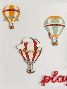 3件套手绘木质热气球墙饰 - 波西米亚风格儿童房装饰，奇幻森林壁画，适合儿童房和游戏室墙面装饰