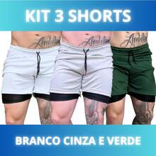 Set Of 3 Men's 2-In-1 DryFit Shorts For Running, Gym, Training, And Running With Cell Phone Pocket - KIT 3 White Gray Green - View 1