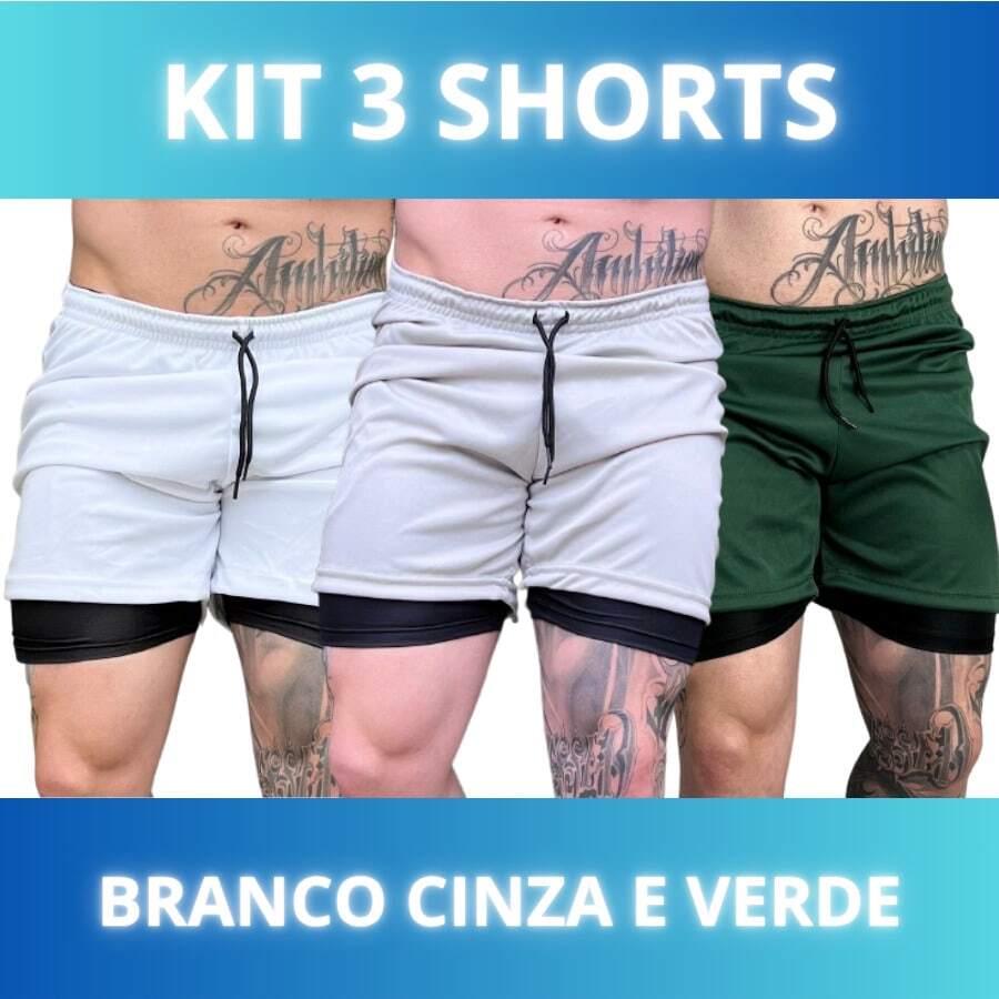 Set Of 3 Men's 2-In-1 DryFit Shorts For Running, Gym, Training, And Running With Cell Phone Pocket - KIT 3 White Gray Green - View 1
