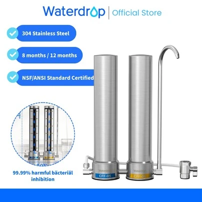 [Silver Ion] Waterdrop Dual-Stage Countertop Water Filter System, Reduces Chlorine, Bad Taste & Odor, Silver Ion Enhanced Filtration, Stainless Steel, WD-CTF-09 (2 Filters)