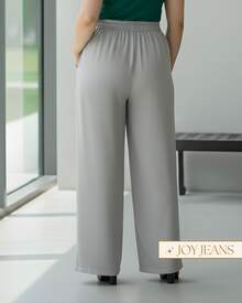 Calça Wide Leg Plus Size Feminina Cintura Alta Elástico Grosso Zero Transparência Duna - Cinza Claro - Visão 3