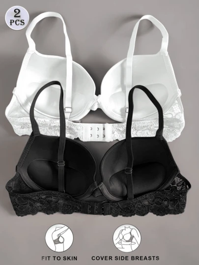 2pcs Women's Comfortable Lingerie Set - Luxurious Padded Bra, Delicate Lace Details, High-Support, Soft & Breathable Fabric For Ultimate Comfort