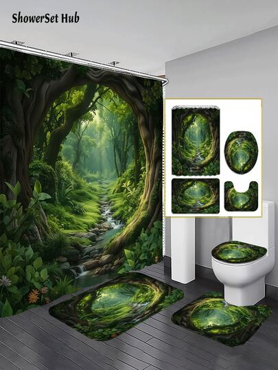 1/3/4件套魔法森林浴帘浴室套装，树拱和丛林溪流印花防水耐磨配件，带12个挂钩 - 包括马桶座套、浴垫和地毯 - 塑料面料 - 可水洗，防霉 - 非常适合节日装饰、家居/卧室/房屋/西式/春季装饰