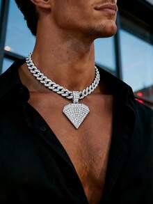 1Pc Men's Hip Hop Punk Large Rhinestone Pendant Necklace Iced Out Full Rhinestone Miami Link Chain For Women's Party Jewelry - Diamond Pendant Necklace - View 2