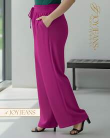 Women's Plus Size Wide Leg Pants, High Waist, Thick Elastic, Zero See-Through, Duna - Màu Hoa hồng đỏ - Xem 2