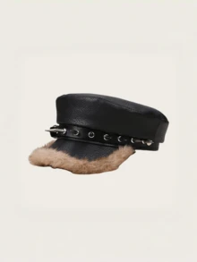 Șapcă Newsboy pentru femei, 1 buc., stil punk, cu blană, nituri și cataramă din piele, beretă rebelă, potrivită pentru naveta zilnică sau petrecere/eveniment - Multicolor - Vizualizare 2