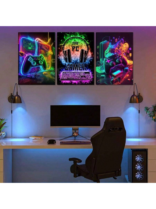 3 buc Artă de perete pentru jocuri cool, postere cu acuarelă pentru jocuri, imagini colorate cu gamepad neon, pictură pe pânză, imprimeuri pentru camera băieților, camera de jocuri pentru copii, dormitor, pentru decorarea casei băieților, fără ramă