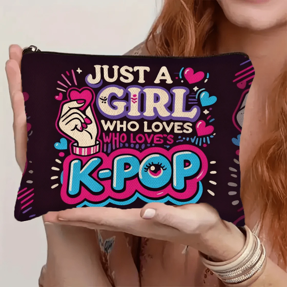 K-Pop Style Makeup Bag, Cute Korean Lettering And Heart Hand Design, Multifunctional Travel Toiletry Pouch For Women, Perfect Christmas, Birthday, Or Graduation Gift For K-Pop Fans, Sisters, And Friends