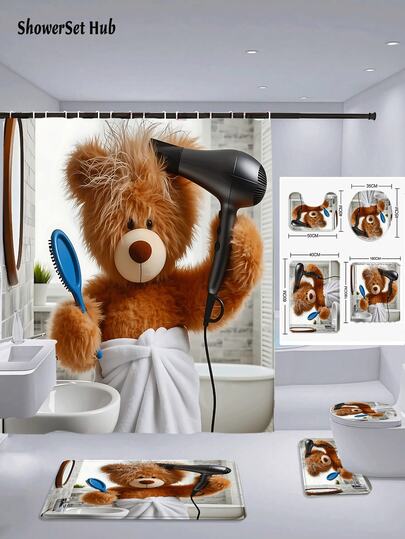 1/3/4pcs Funny Teddy Bear Shower Curtain Bathroom Sets,Blow Dryer & Brush Print Waterproof And Wear-Resistant Accessories,With 12 Hooks - Includes Toilet Seat Cover, Bath Mats, And Rugs - Plastic Fabric - Washable,Mildew-Resistant - Perfect For Holiday Decor,Home/Bedroom/House/Western/Spring Decor,