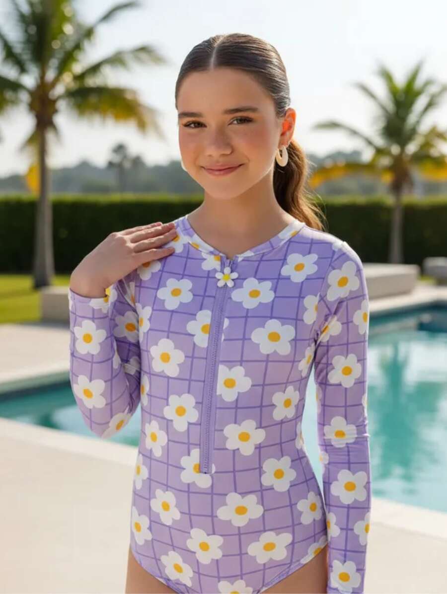 Girls' Long-Sleeved Swimsuit With UV Sun Protection, Printed Design, Zipper, For Beach Or Pool - 紫丁香色 - 查看 1