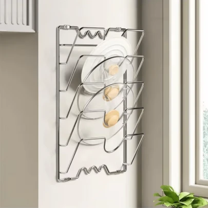 Durable Stainless Steel Hanging Pot Lid Storage Rack - Multi-Tier Wall-Mounted Kitchen Organizer Rack For Pots And Lids, Space-Saving Design With Multiple Compartments, Suitable For Home And Restaurant Use, Kitchen Storage Solution | Stylish Metal Rack | Stainless Steel Rack, Pot Lid Rack