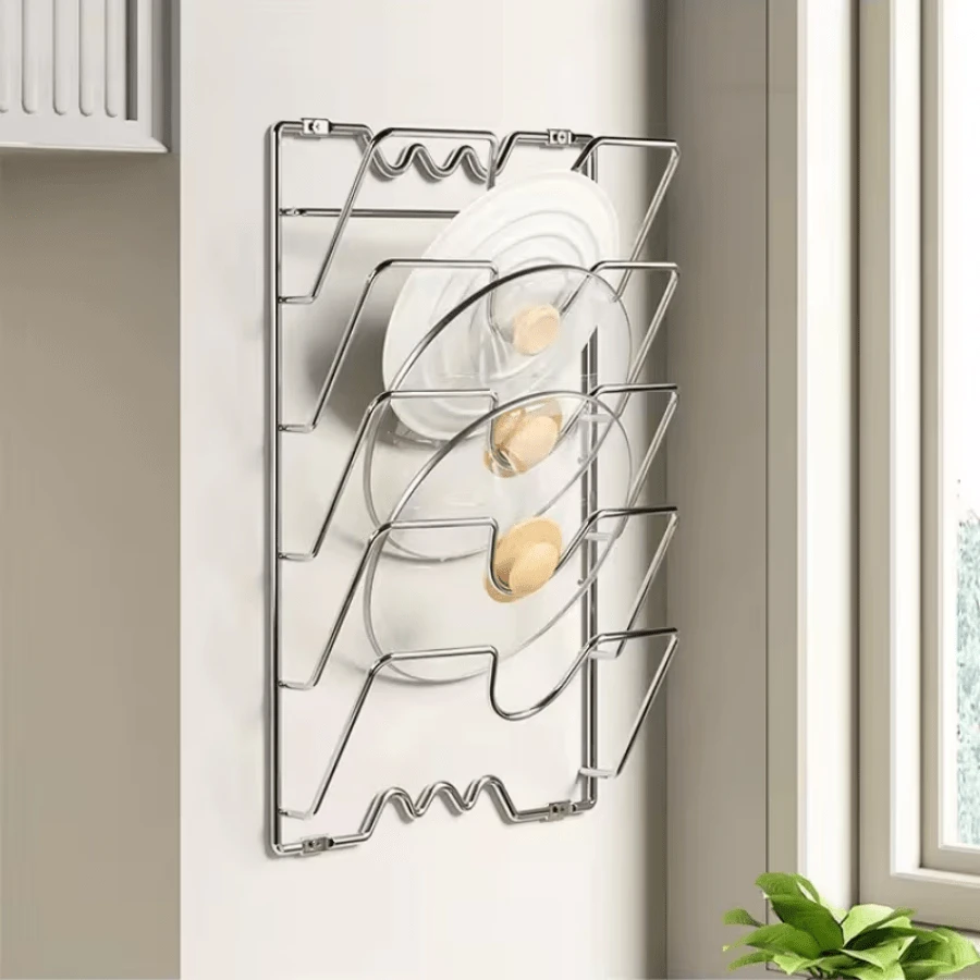 Durable 403 Stainless Steel Hanging Pot Lid Organizer - Multi-Tier Wall-Mounted Kitchen Storage Rack For Pots And Lids, Space-Saving, With Multiple Compartments, Suitable For Home And Restaurant Use, Kitchen Storage Solution | Stylish Metal Rack | Stainless Steel Rack, Pot Lid Rack - 銀色 - 查看 1