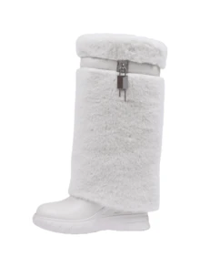 2025 New Women's Winter Furry Snow Boots Knee High Round Toe Platform Boots Punk Warm Fur Winter Snow Outdoor Boots For Women - trắng - Xem 2