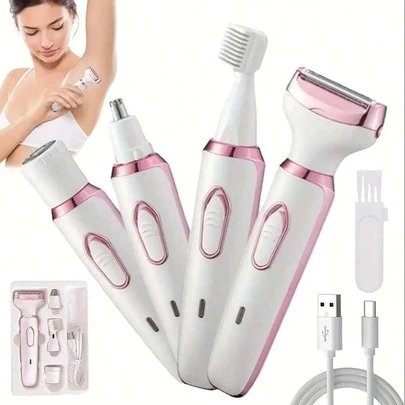 4-In-1 Rechargeable Women's Electric Shaver Set, Women's Electric Shaver For Face, Nose, Legs And Underarms, Cordless Wet & Dry Painless Bikini Trimmer, Rechargeable Portable Electric Razor