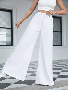 Jeans anchos de pierna ancha, de unicolor, con bolsillo, casuales y sueltos, color blanco, para primavera - Blanco - Ver 6