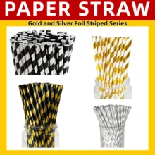 25/100 قطعة من القش الورقي المخطط بالذهبي والفضي بأبعاد 6*197 مم | مجموعة من القش الورقي المخطط بالذهبي والفضي لحفلات عيد الميلاد والزفاف والاحتفالات والحلويات والمشروبات، أكسسوارات استهلاكية، ديكورات عيد الميلاد - متعدد الألوان - مشاهدة 1