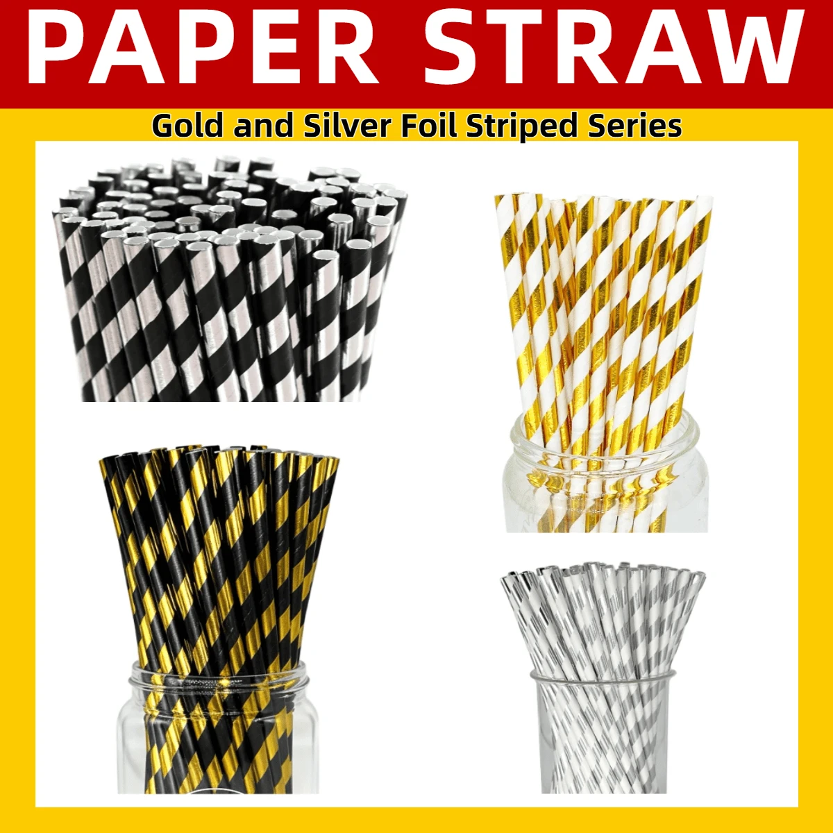 25/100 قطعة من القش الورقي المخطط بالذهبي والفضي بأبعاد 6*197 مم | مجموعة من القش الورقي المخطط بالذهبي والفضي لحفلات عيد الميلاد والزفاف والاحتفالات والحلويات والمشروبات، أكسسوارات استهلاكية، ديكورات عيد الميلاد - متعدد الألوان - مشاهدة 1
