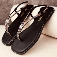 Amizzara Women's Flat Slippers With Adjustable Shiny Rhinestones For Everyday Comfort - 黑色 - 查看 8