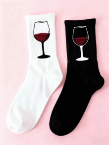 1/2 Pair Unisex Wine Glass Printed Mid-Calf Socks, Gift For Valentine's Day - Multicolor - View 8