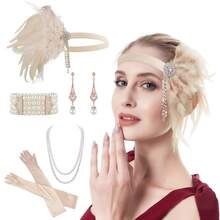 1920 年代轻佻女郎全套！羽毛水钻头饰 + 几何水钻耳环 + 仿珍珠项链 + 白手套，沉浸式复古爵士派对魅力万圣节