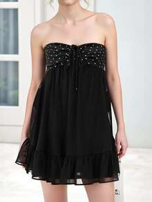 Women Tube Top Rhinestone Dress Strapless Tie Front Chiffon Ruffle Hem Tiered Layer Mini Dress Party Short Dresses - Negro - Ver 3