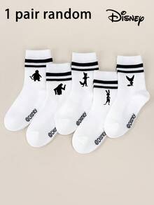 Disney 1/5 双动漫联名款，朱迪、尼克、闪电侠、博戈警长、贝尔韦瑟助理市长儿童中筒袜套装，黑白简约素描风格，白色双条纹袜，白色袜子，吸汗透气速干，运动休闲风，日常穿着/派对礼物 - 彩色 - 查看 14
