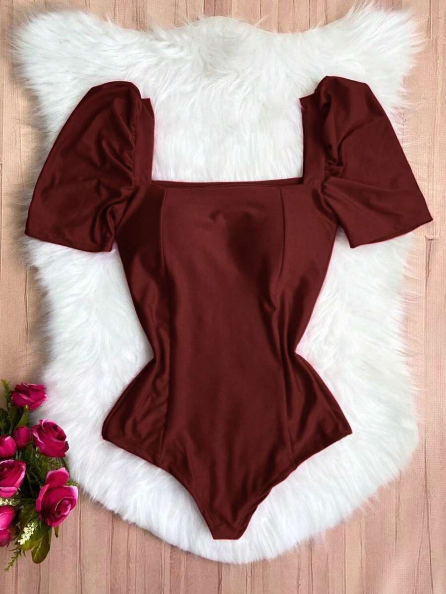 Women's Bodysuit Puffed Sleeve Suplex Moda Super Shipping!! - Gỗ đỏ - Xem 1