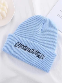 1pc Autumn/Winter Knitted Beanie Hat With Embroidered Letter, Casual Unisex Couple Warm Ski Cap