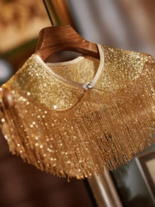 1件复古闪亮金色串珠优雅披肩，手工流苏斗篷，弹力套头披肩，适合派对、晚礼服等场合，女士装饰派对流苏披肩，涤纶材质 - 金色 - 查看 6