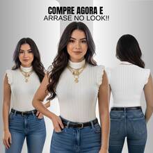 Blusa Babado Garrafinha Feminina/Tricot Modal Canelado/Babado/Gola Alta/Tricô/Moda Blogueira/ Frufru - Branco - Visão 4