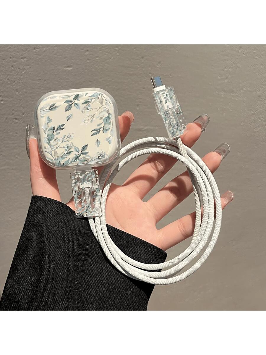 Set de 3 protectores de carga con diseños de lazo rosa/corazón transparente/flor/hoja compatible con iPhone 18W/20W - Incluye cable de datos y protector de cable de alimentación, opción de regalo perfecta - Verde - Ver 1