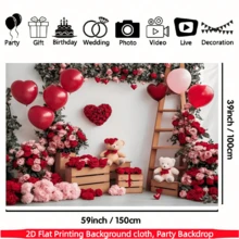 1张2D立体浪漫情人节红玫瑰背景布，涤纶材质，包含心形、玫瑰、泰迪熊、气球图案，适用于婚礼和派对拍照背景、生日派对横幅装饰、摄影棚道具、室内/室外派对装饰、节日装饰。 - 彩色 - 查看 4