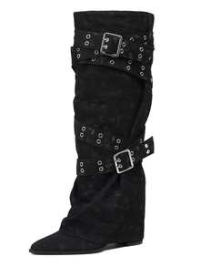 Punk Fashion Womens Knee High Boots Pointed Toe Wide Calf Fold Over Straps Detail Block High Heel Slouchy Long Boots Party Nightclub Dressy Occasions Fall Winter Outdoors Shoes - 黑色牛仔 - 查看 7