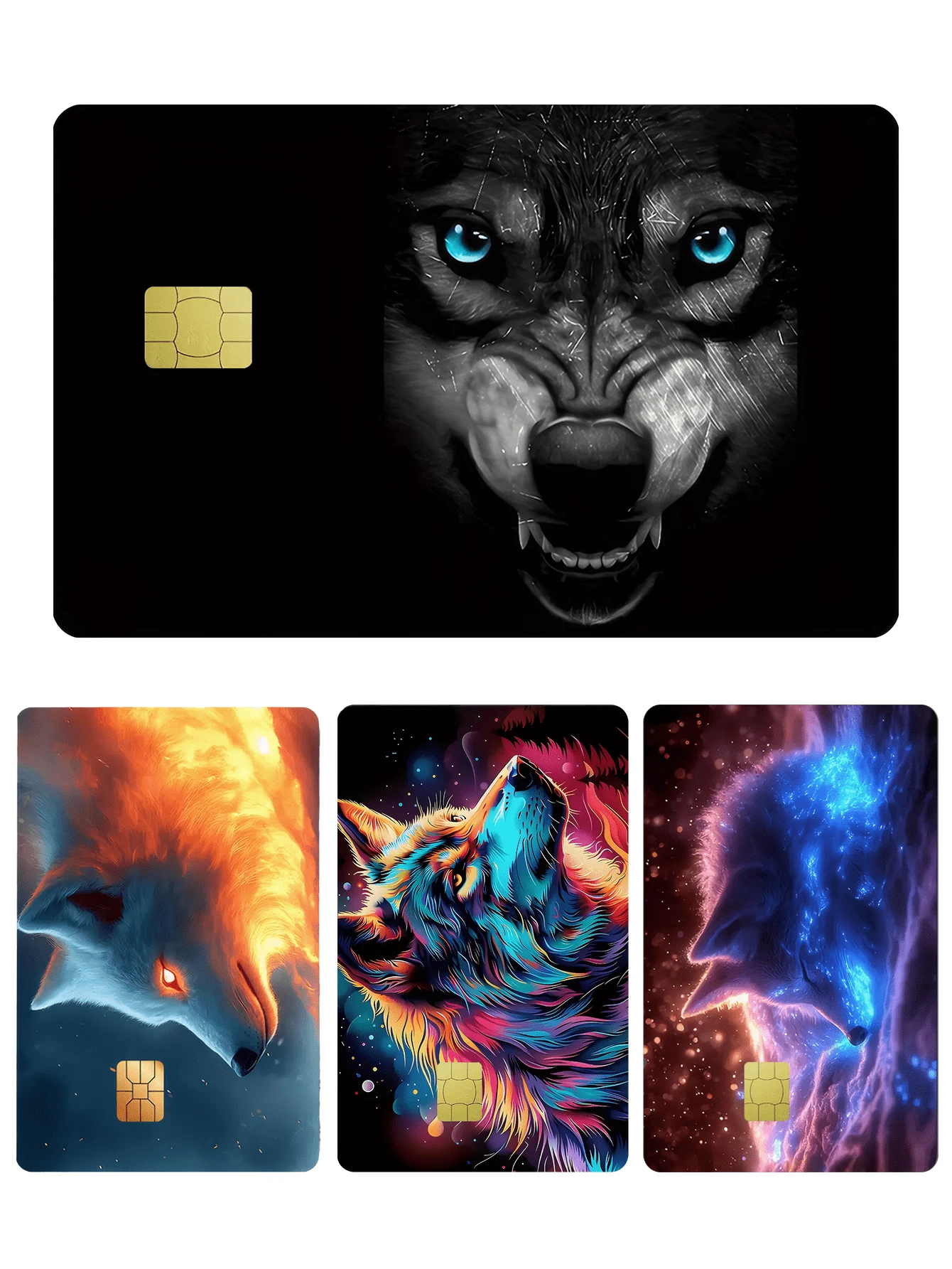 1pc Blue-Eyed Wolf Decorative Credit Card Sticker, Creative Personalized Ultra-Thin Cool PVC Fingerprint-Resistant Durable Credit Card Protective Case, High Quality, Scratch-Resistant, Suitable For Men And Women, Small Chip Cards, Bank Cards, Credit Cards, Transportation Cards, Campus Cards DIY Decoration, Back To School Supplies (Random Style Shipped) - Multicolor - View 1