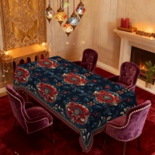 1/20pcs Tablecloth, Navy Blue Base With Red Floral Pattern, Polyester Material, Suitable For Islamic Festivals, Home Kitchen, Outdoor Garden Parties, Restaurant Decoration, And Other Home Decor - Multicolor - View 15