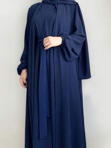 Hafizah Women's Solid Color Pleated Casual Long Sleeve Kimono Style Abaya Robe Set Spring - Teal Blue - View 3