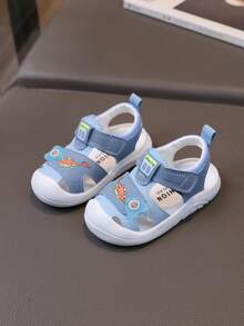 1 Pair PU Toddler Girls Dinosaur Pattern Hook And Loop Design Closed-Toe Sandals, Baby Shoes - Blue - View 1