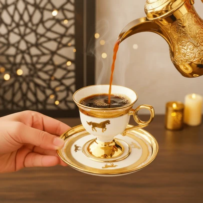 1 Set Luxury Gold Horse Ceramic Coffee Cup & Saucer Set, 90ml Elegant Porcelain, Christmas Gift Mugs, Suitable For Afternoon Tea, Breakfast Milk Cup, Cappuccino, Macchiato, Birthday Party, Thanksgiving, New Year, Ramadan Gifts, Personalized Home Decor