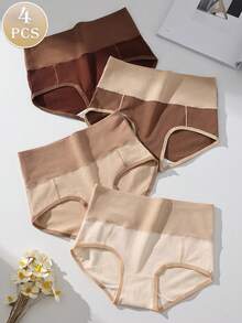 4pcs Women's Melaed Color High Waist Cotton Briefs, Elastic & Breathable