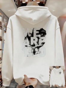 Men's Fashion Sweatshirt With Pattern Print And Winter Drawstring - 白色 - 查看 1