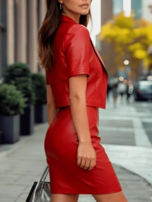 女士商务休闲日常穿搭，适合秋季办公室穿着，纯色两件套，时尚优雅的薄款弹力PU皮革短袖外套和无袖迷你连衣裙。 - 紅色 - 查看 4