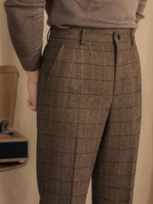 Mens Slim Fit Herringbone Tweed Wool Plaid Trousers Retro Dress Business Suit Pants - 棕色 - 查看 1