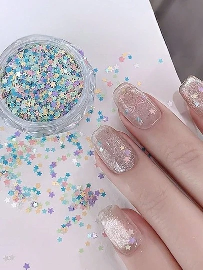 1盒彩色1毫米闪亮亮片，闪亮星星迷你混色韩式五芒星美甲装饰，用于手指美甲装饰、美甲饰品、亮片美甲用品