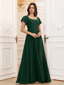Volly Toych Elegant Square Neck Chiffon Bridesmaid Dress With Ruffle Short Sleeves And Tie-Back Long Design - Dark Green - View 3