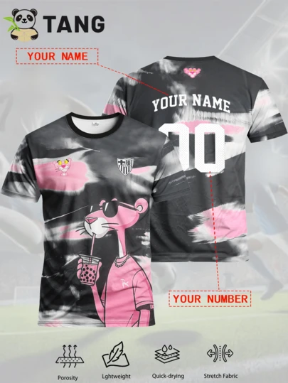 Customized Cartoon Leopard Men's Football Jersey & Customizable Name & Number & Comfortable Round Neck Sports Sweatshirt & Suitable For Football Training, Casual Wear, Gift