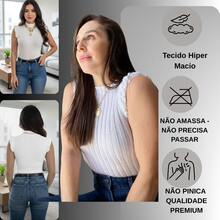 Blusa Babado Garrafinha Feminina/Tricot Modal Canelado/Babado/Gola Alta/Tricô/Moda Blogueira/ Frufru - Branco - Visão 6