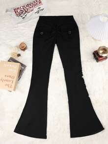 Women's High Elastic Pleated Waist Slim Fit Flare Pants, Comfortable Casual Yoga Sports Trousers, Minimalist Design, Autumn - Black - View 4