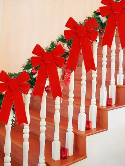 5 Packs Red Bows Christmas Tree Decorations,Large Velvet Ornament Bow For Xmas Home Wreath Fence Stairs Railing Fireplace Indoor Outdoor Front Door Decor