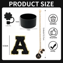 A-Z 4件組杯子配件組（適用於所有 30-40oz 杯子）－配件組包含：1個吸管防塵蓋、1個字母吊飾、1個亮面矽膠杯底保護套、1個杯子字母貼紙 - 黑色套裝 - 查看 2