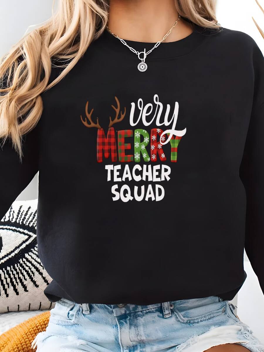 Christmas Teacher  Shirt, Very Merry Teacher Matching Group Shirts, Teacher Team Shirts, Holiday Teaching Shirts Sweatshirt - Black - View 1